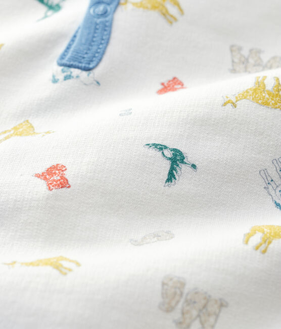 Baby-Strampler aus Molton und Bio-Baumwolle mit farbigem Tiermuster weiss MARSHMALLOW/weiss MULTICO