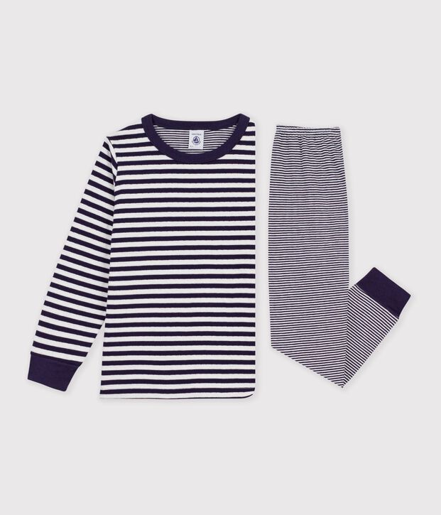 Kinder-Pyjama aus Doppeljersey mit Streifen blau/naturfarben