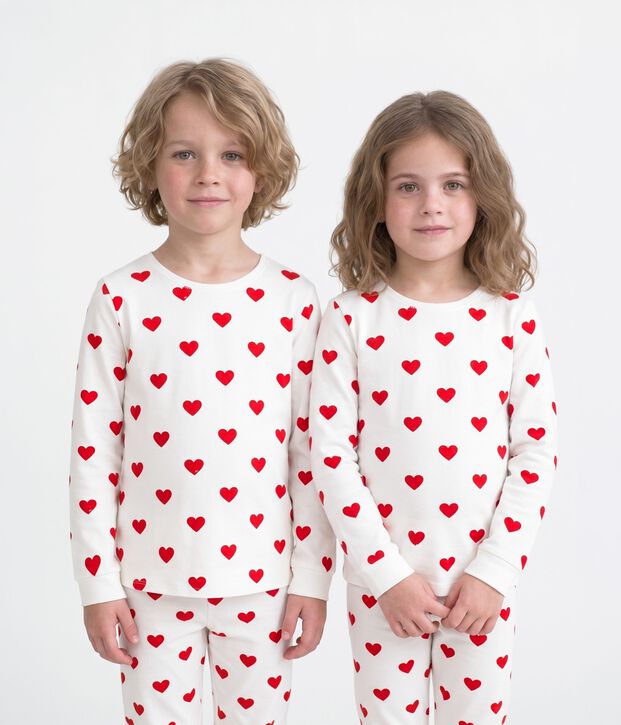 Kinderpyjama aus Rippstrick mit Herzchen f&uuml;r M&auml;dchen weiss/rot