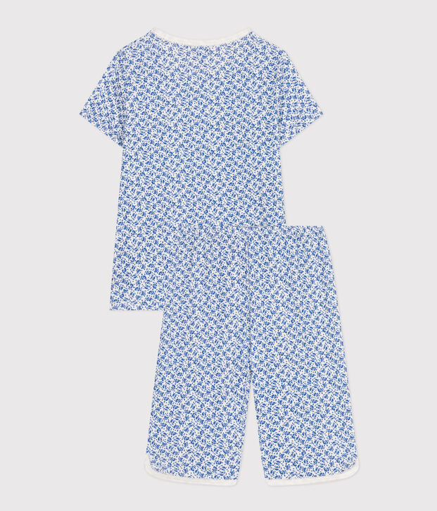 Kinder-Capripyjama aus Baumwolle mit Blumenmuster weiss/blau