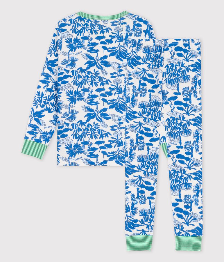 Kinderpyjama aus Baumwolle mit Pflanzenmuster f&uuml;r Jungen weiss/blau