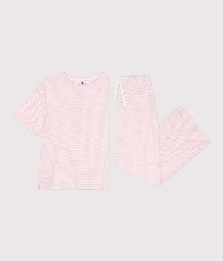Damen-Pyjama aus Baumwolle mit weiten Beinen und Streifen rosa/weiss