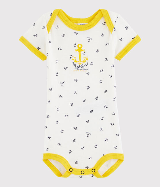 Kurzärmeliger Baby-Body Jungen weiss MARSHMALLOW/gelb HONEY