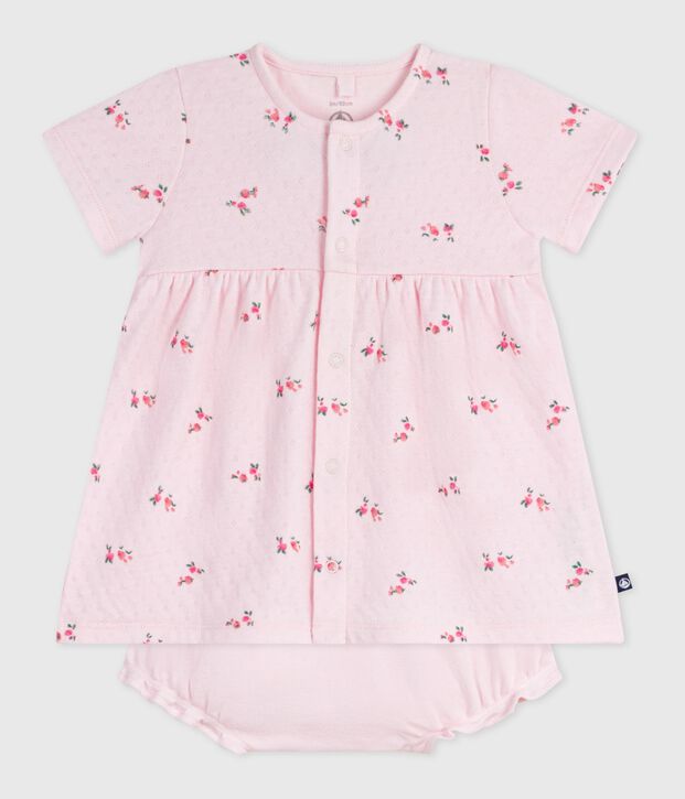 Babykleid aus gebl&uuml;mter Baumwolle mit dazugeh&ouml;rigem Bloomer rosa/vielfarbig