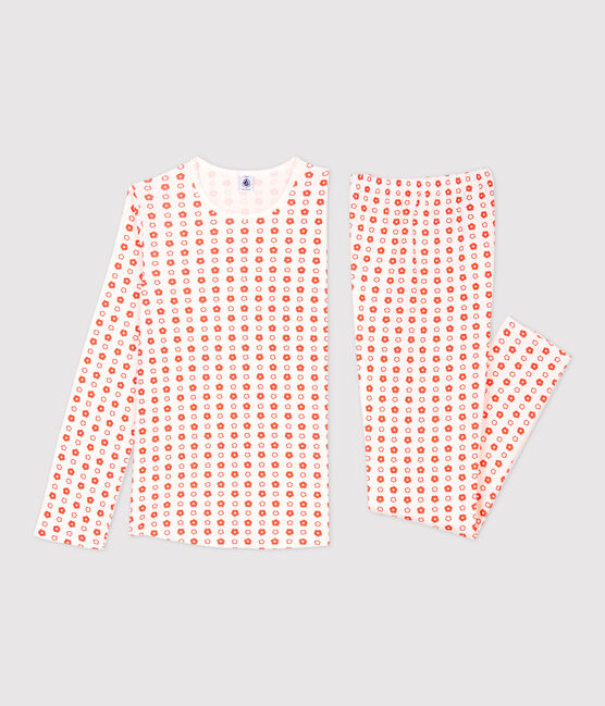 Kinderpyjama aus Bio-Baumwolle mit grafischem Blumenmuster für Mädchen weiss MARSHMALLOW/ SPICY