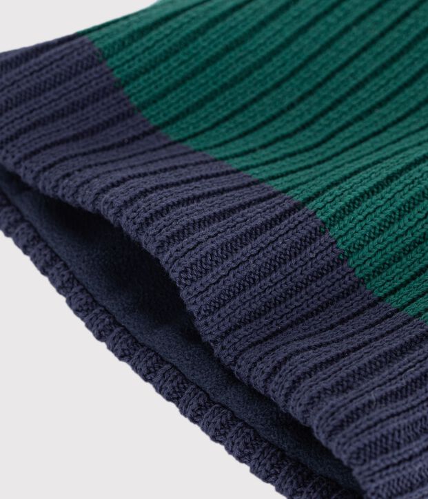 Kinder-Schlauchschal aus zweifarbigem Strick mit Fleece-Futter gr&uuml;n/blau