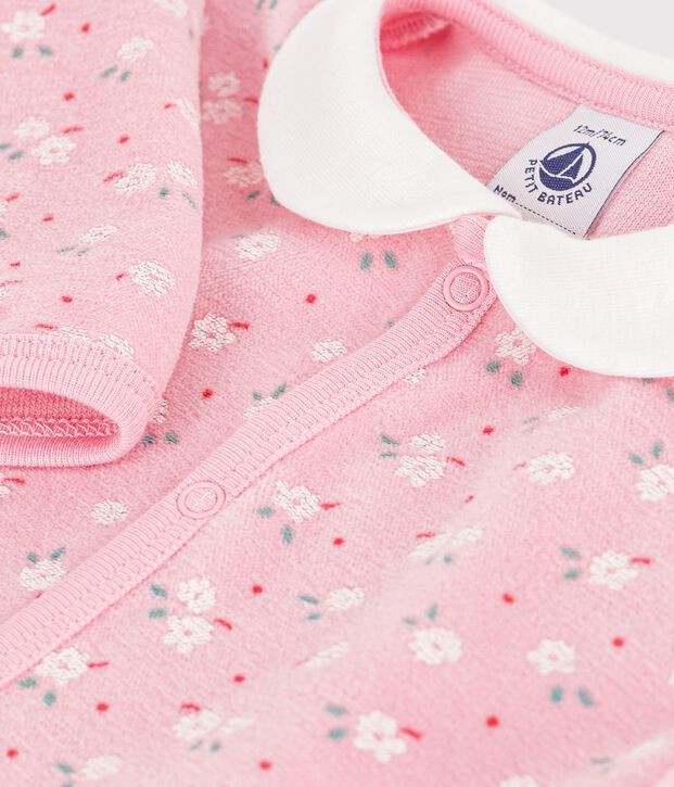 Strampler aus Nicki mit Kragen und Blumenmuster rosa/vielfarbig