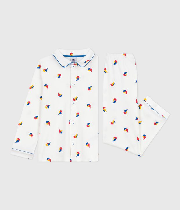 Kinder-Pyjama mit Knopfverschluss aus bedruckter Baumwolle weiss/blau/vielfarbig