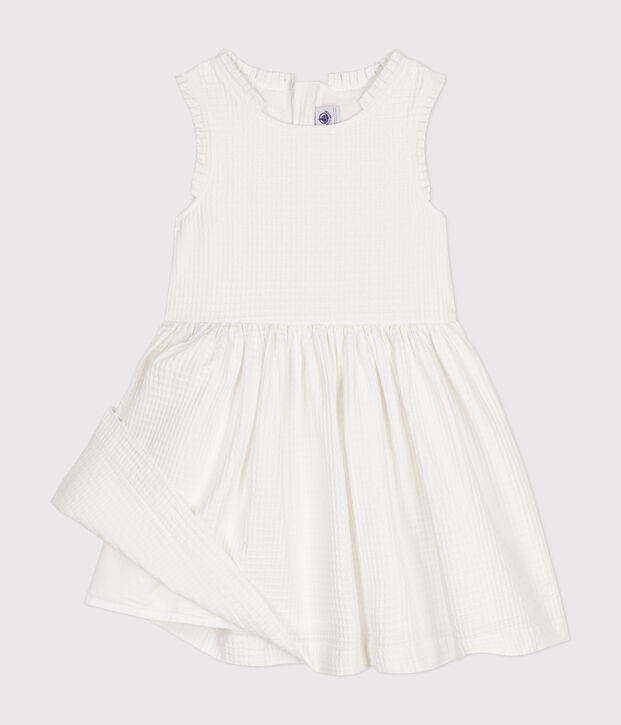 &Auml;rmelloses M&auml;dchenkleid aus gemusterter Baumwolle weiss