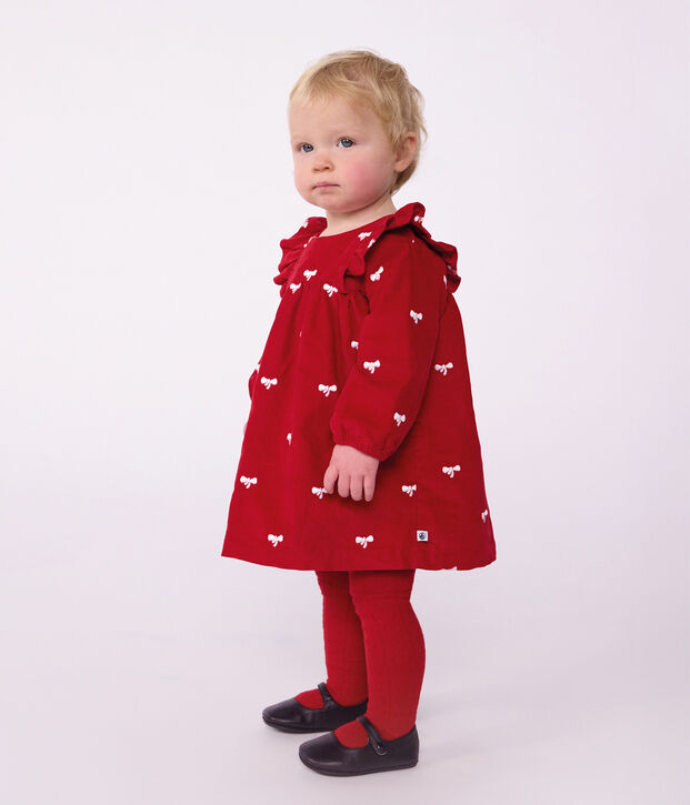 Lang&auml;rmeliges Baby-Kleid aus Feincord mit Stickereien und Schleifenmotiv rot/naturfarben
