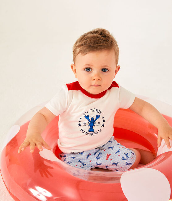 Kurzärmeliges Baby-T-Shirt für Jungen weiss MARSHMALLOW/rot PEPS