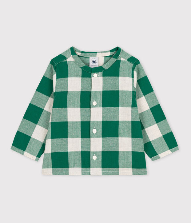 Lang&auml;rmeliges kariertes Babyhemd aus Flanell MATCHA/naturfarben