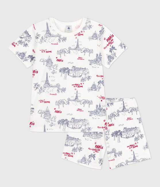 Kinder-Kurzpyjama aus Baumwolle weiss MARSHMALLOW/weiss MULTICO