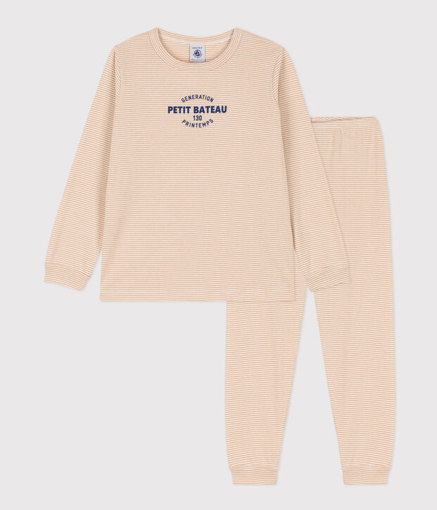 Kinderpyjama aus Baumwolle mit Streifen beige/weiss