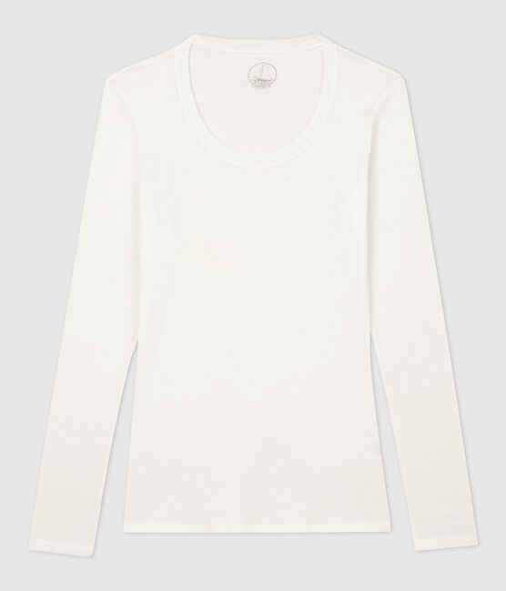 Damen-T-Shirt, leichter Rippstrick weiss MARSHMALLOW
