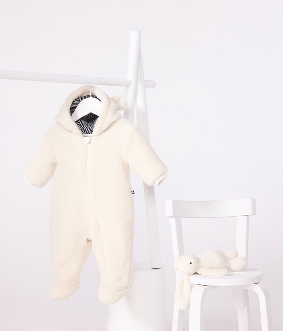Baby-Schneeanzug aus Sherpa mit Öhrchen und Ringelstreifen-Futter  naturfarben MILK