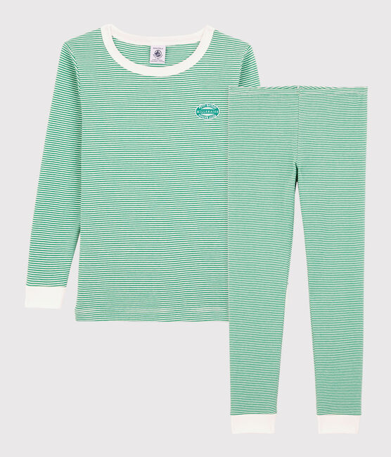 Kinderpyjama Bio-Baumwolle in schmaler Passform mit grünen Streifen für Jungen grün GAZON/weiss MARSHMALLOW