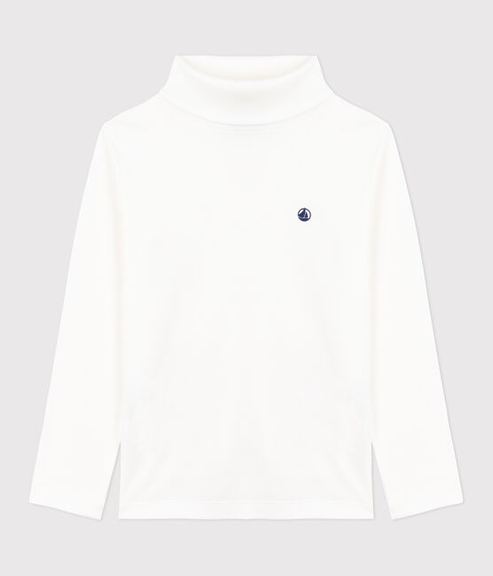 Kinder-Rollkragenshirt aus einfarbiger Baumwolle weiss MARSHMALLOW