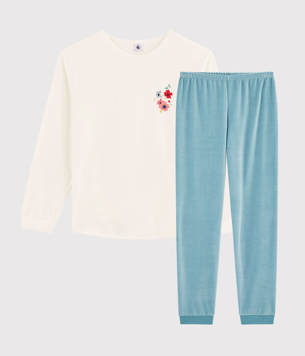 Pyjama aus Nicki f&uuml;r M&auml;dchen/Damen weiss/blau