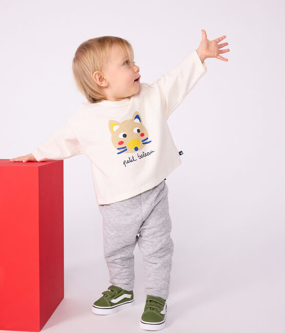 Langärmeliges Baby-T-Shirt aus Baumwolle mit Katzenmotiv MILK/ MULTICO