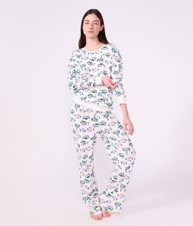 Damen-Pyjama aus Baumwolle mit Paris-Motiv weiss/vielfarbig