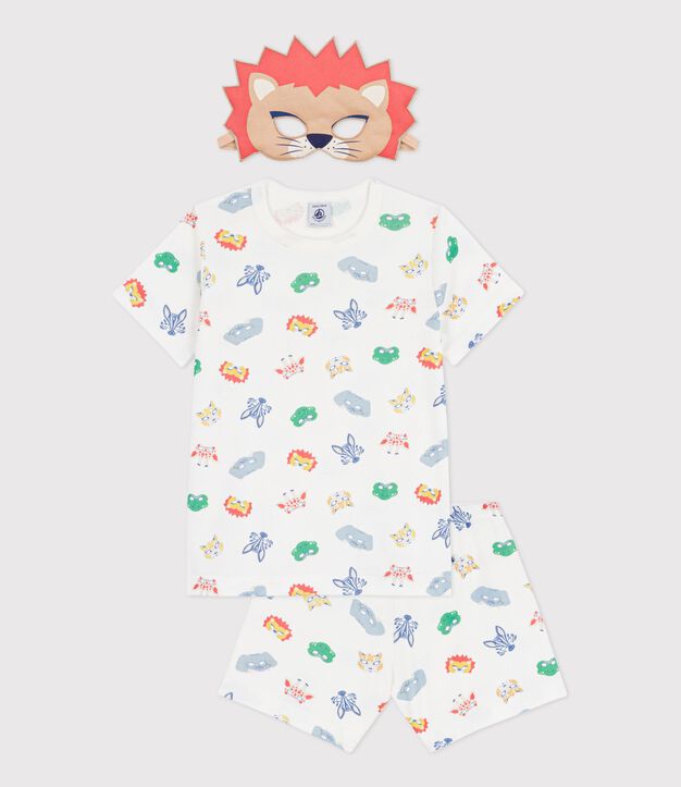 Kinder-Kurzpyjama zum Verkleiden aus Baumwolle mit Tiergesichtern weiss/vielfarbig