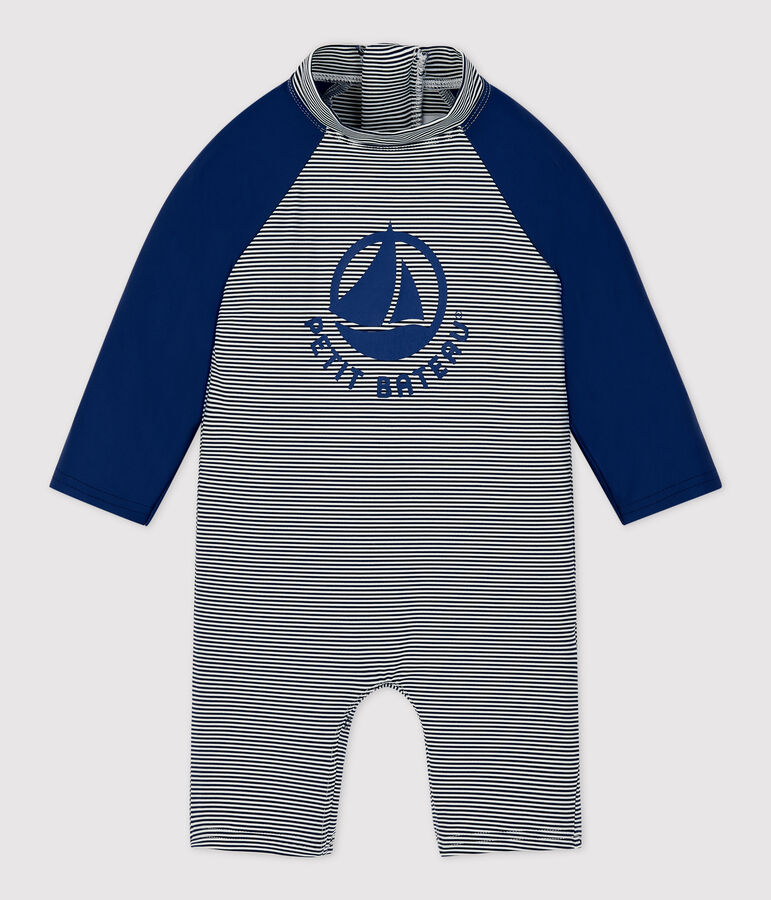 Baby-Overall mit UV-Schutzt aus recyceltem Material blau/weiss