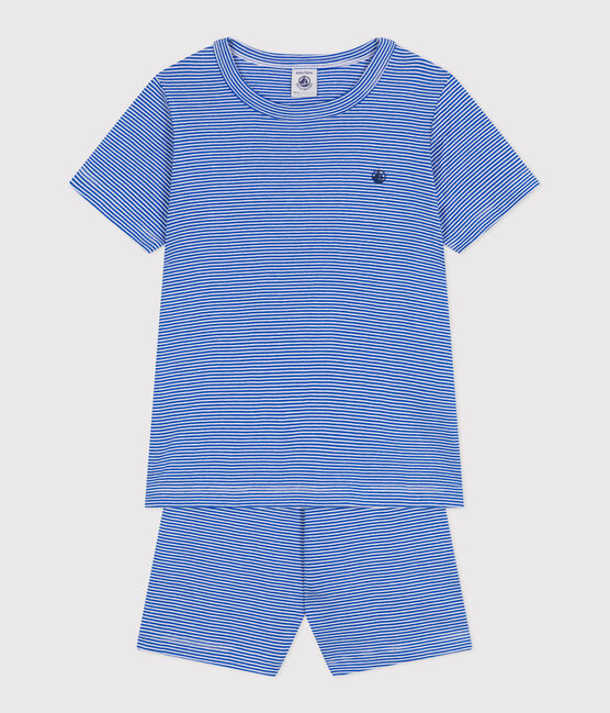 Kinder-Kurzpyjama aus Baumwolle mit Streifen blau PERSE/weiss MARSHMALLOW