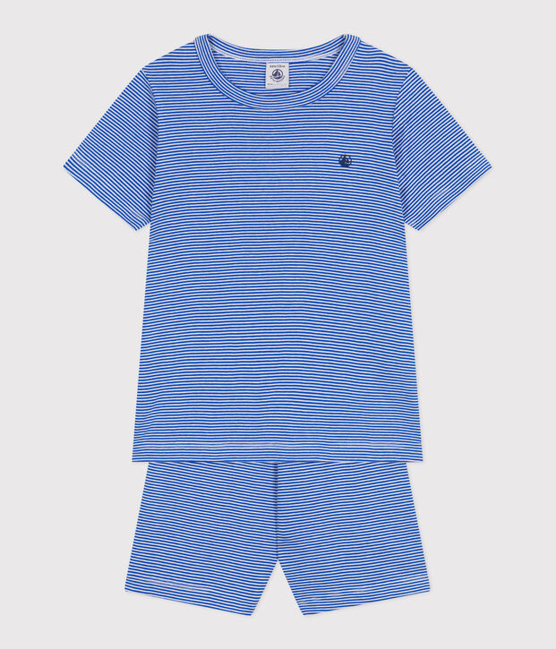 Kinder-Kurzpyjama aus Baumwolle mit Streifen blau/weiss