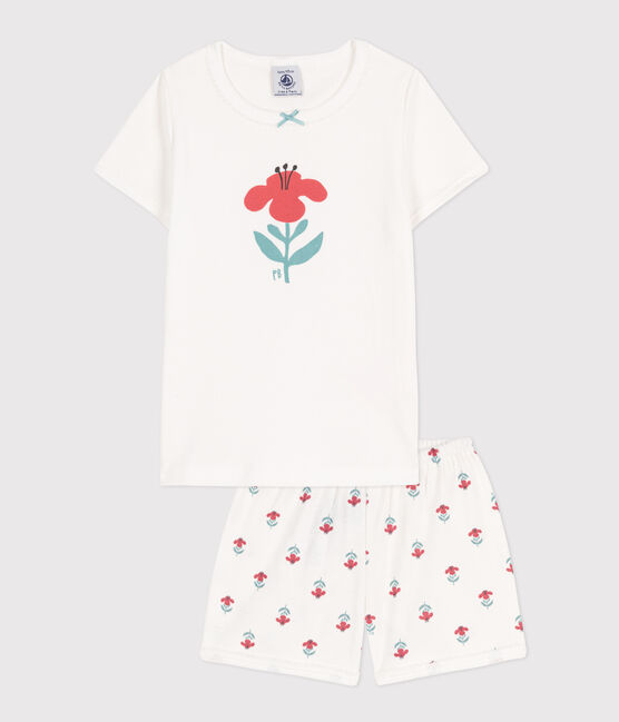 Kinder-Kurzpyjama aus Baumwolle mit Blumenmotiv für Mädchen weiss MARSHMALLOW/weiss MULTICO