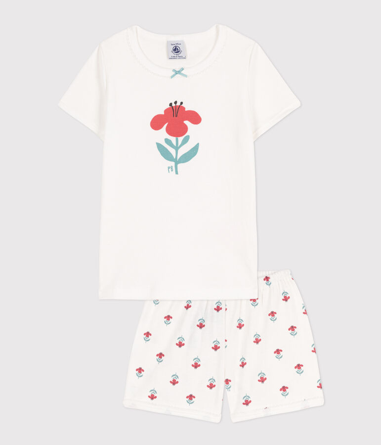 Kinder-Kurzpyjama aus Baumwolle mit Blumenmotiv f&uuml;r M&auml;dchen weiss/vielfarbig
