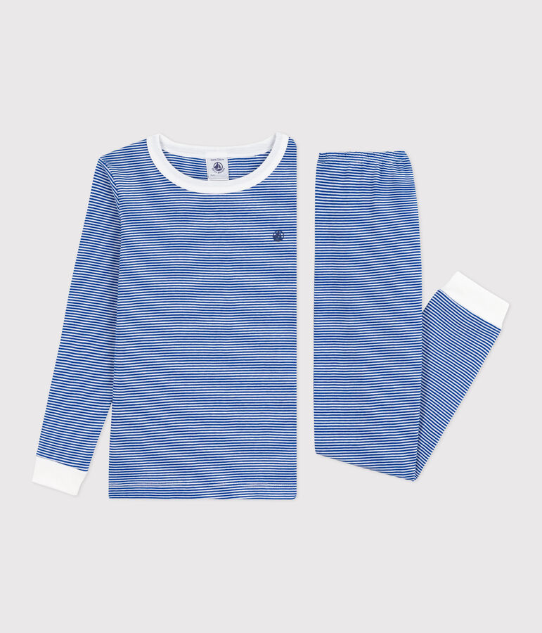 Kinder-Pyjama aus Baumwolle mit eng anliegenden Beinen und Streifen blau/weiss