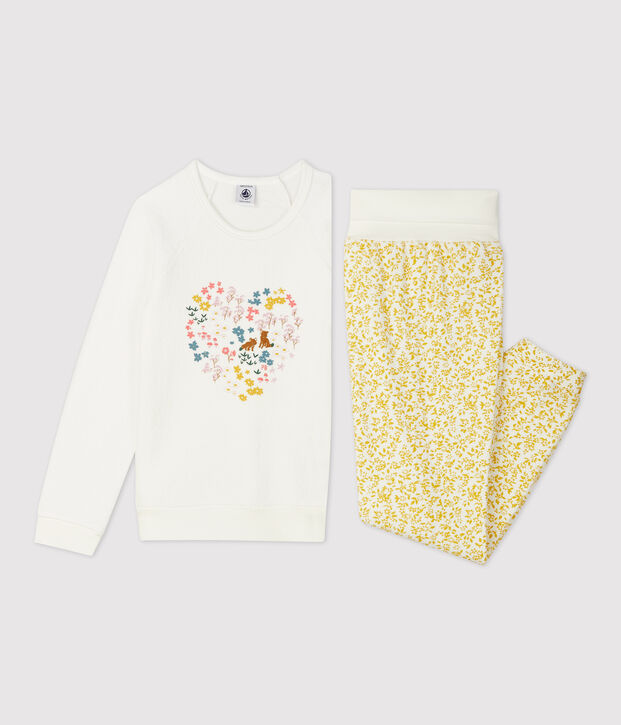 Kinderpyjama aus Frottee mit Blumenmuster f&uuml;r M&auml;dchen gelb/weiss