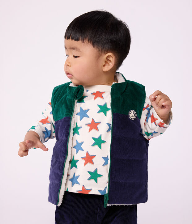&Auml;rmellose Baby-Winterjacke aus Feincord und Sherpa zum Wenden blau/vielfarbig