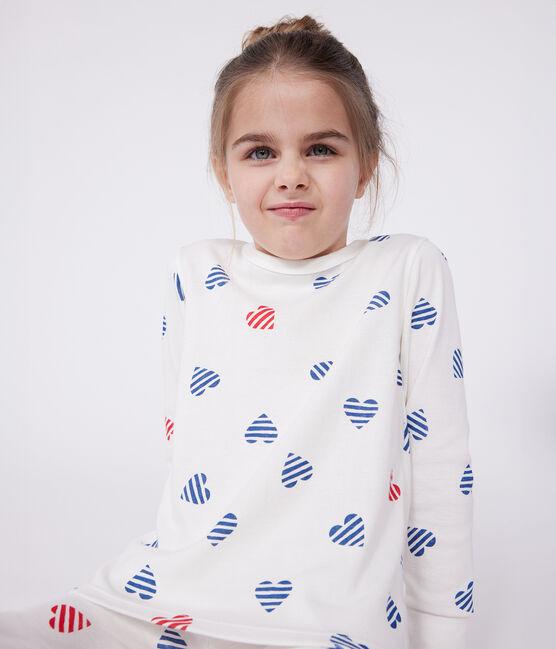 Langärmeliger Kinder-Pyjama aus Baumwolle mit Herz-Motiv weiss MARSHMALLOW/weiss MULTICO