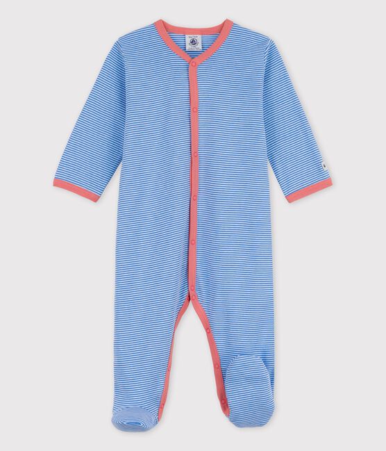 Gestreifter Baby-Strampler aus Bio-Baumwolle blau BRASIER/grau MARSHMALLOW