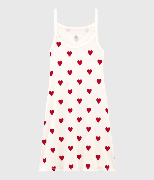 Damen-Tr&auml;gerkleid aus Baumwolle mit Herzmotiv weiss/rot