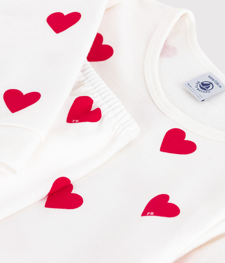 Kinder-Pyjama aus Molton mit Herzmotiv weiss/rot