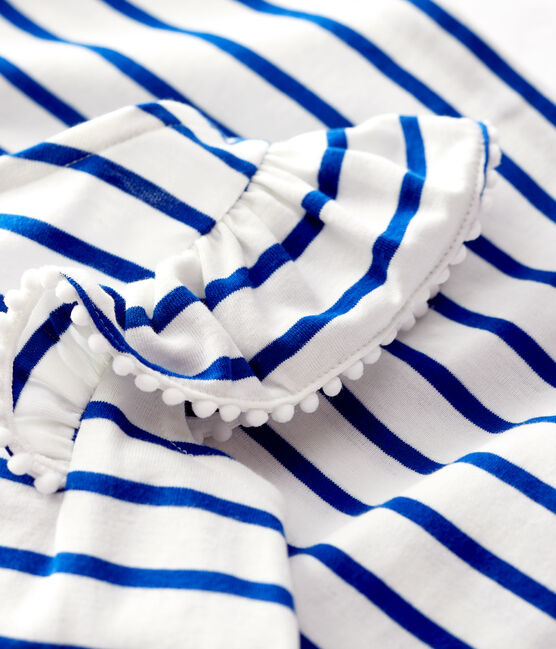 Kurzärmeliges Kinder-Kleid aus Baumwolle für Mädchen weiss MARSHMALLOW/blau SURF