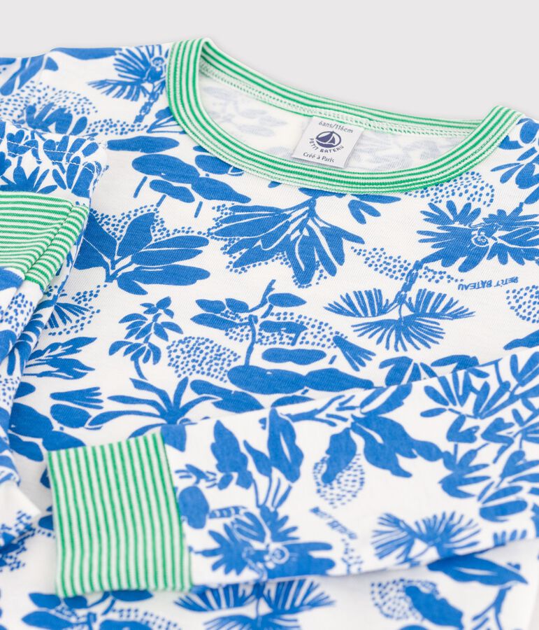 Kinderpyjama aus Baumwolle mit Pflanzenmuster f&uuml;r Jungen weiss/blau
