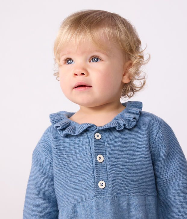 Baby-Kleid aus einfarbiger Wolle und Baumwolle blau