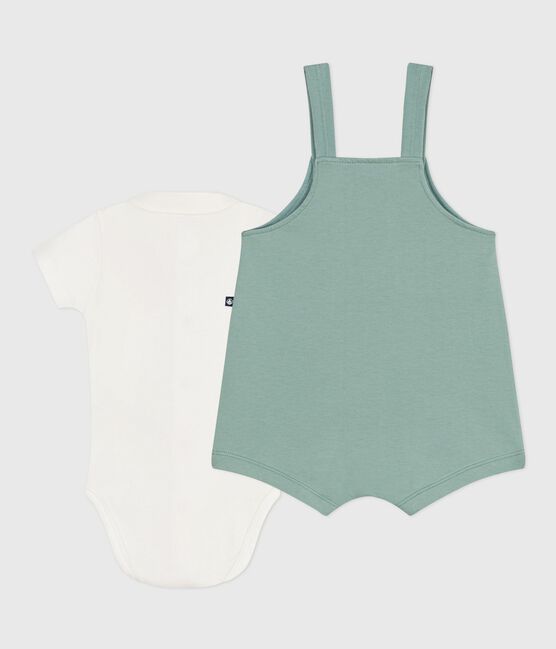 Newborn-Set Latzhose und bestickter Strampler aus einfarbiger Baumwolle grün PAUL