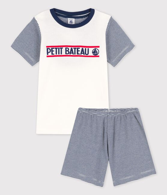 Kinder-Kurzpyjama aus Baumwolle mit blauen Ringelstreifen für Jungen weiss MARSHMALLOW/blau MEDIEVAL