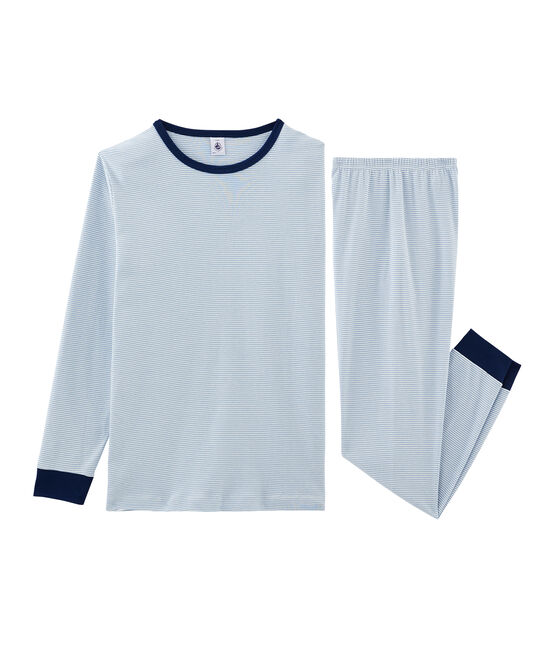 Rippstrick-Pyjama für Jungen blau ACIER/weiss MARSHMALLOW
