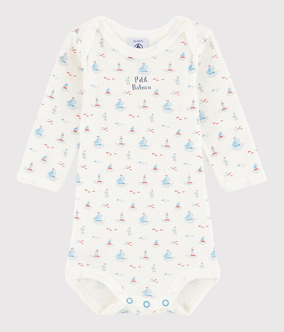 Langärmeliger Baby-Body Jungen weiss LAIT/weiss MULTICO