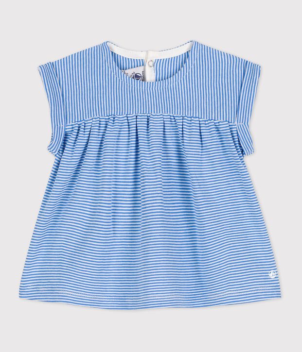 Kurz&auml;rmelige Baby-Bluse aus Bio-Baumwolle blau/weiss