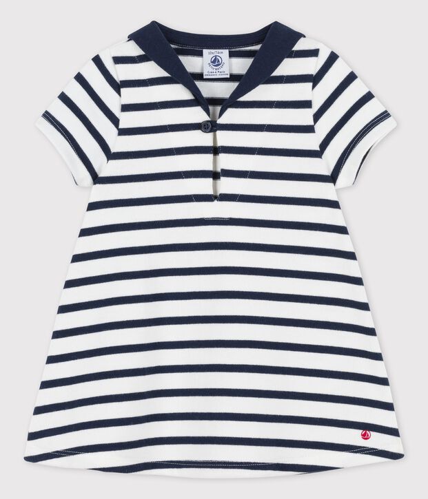 Babykleid aus dickem Bio-Jersey mit Matrosenkragen weiss/blau