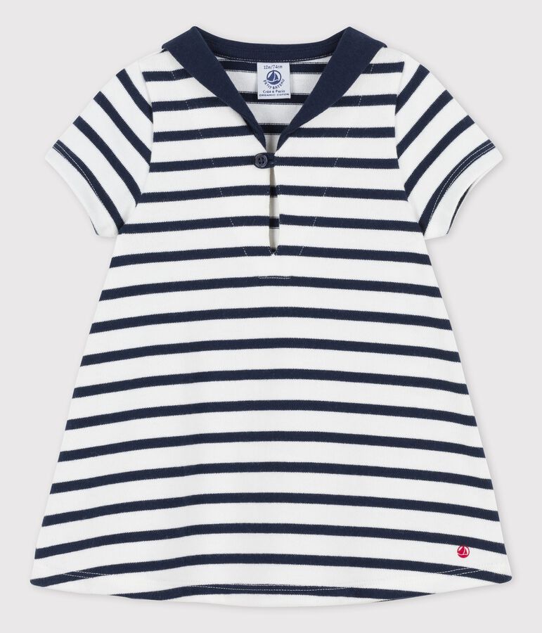 Babykleid aus dickem Bio-Jersey mit Matrosenkragen weiss/blau