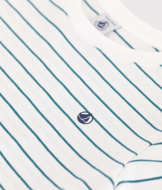 Kurzärmeliges Kinder-T-Shirt aus Baumwolle mit Streifen grün MARSHMALLOW/ DRAGONFLY