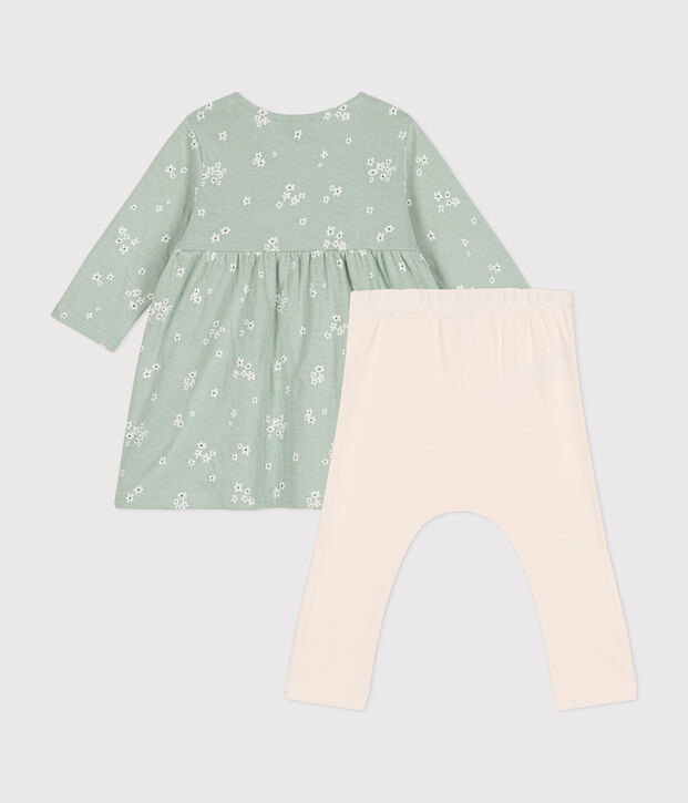 Baby-Kleid und Leggings aus Baumwolle gr&uuml;n/vielfarbig